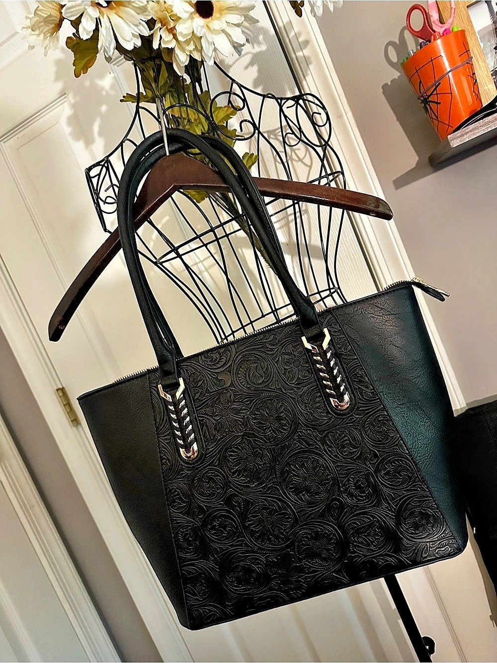 3 in 1 Embossed Floral Black tote Include matching wristlet & crossbody